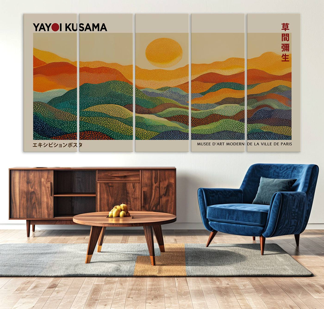 The vibrant abstract landscape depicted in the three-panel "Framed Yayoi Kusama 1986 Wall Art Print" seamlessly integrates nature-inspired décor.