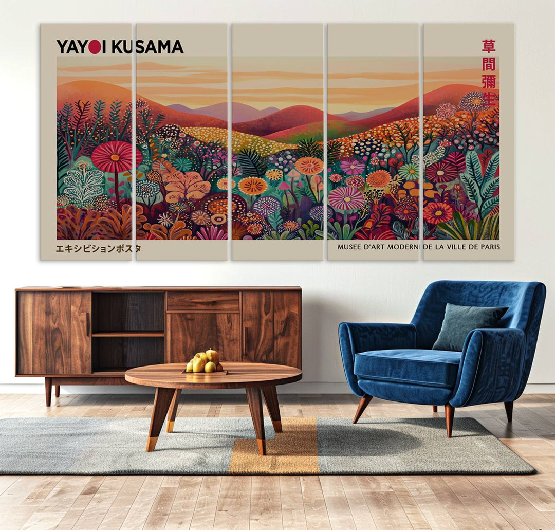 A framed Yayoi Kusama abstract landscape art print adorns the wall.