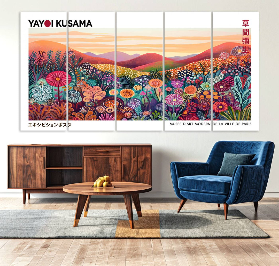 A Framed Yayoi Kusama 1986 Wall Art Print, showcasing a vibrant abstract landscape with flowers and reflecting the Wabi Sabi style, is displayed.