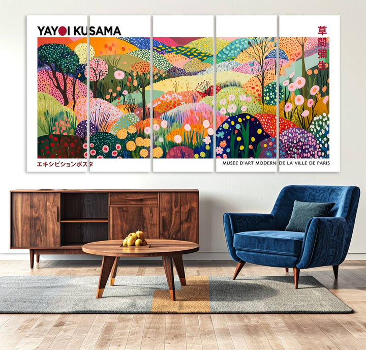 Three vibrant, abstract Yayoi Kusama wall art prints adorn a black wall, creating a perfect blend of contemporary décor.