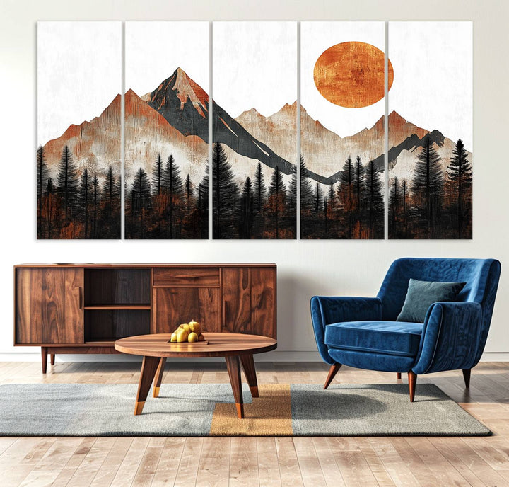 The "Modern Abstract Mountain Canvas Wall Art Print" in the living room features an abstract landscape of mountains, trees, and a warm-toned sun.