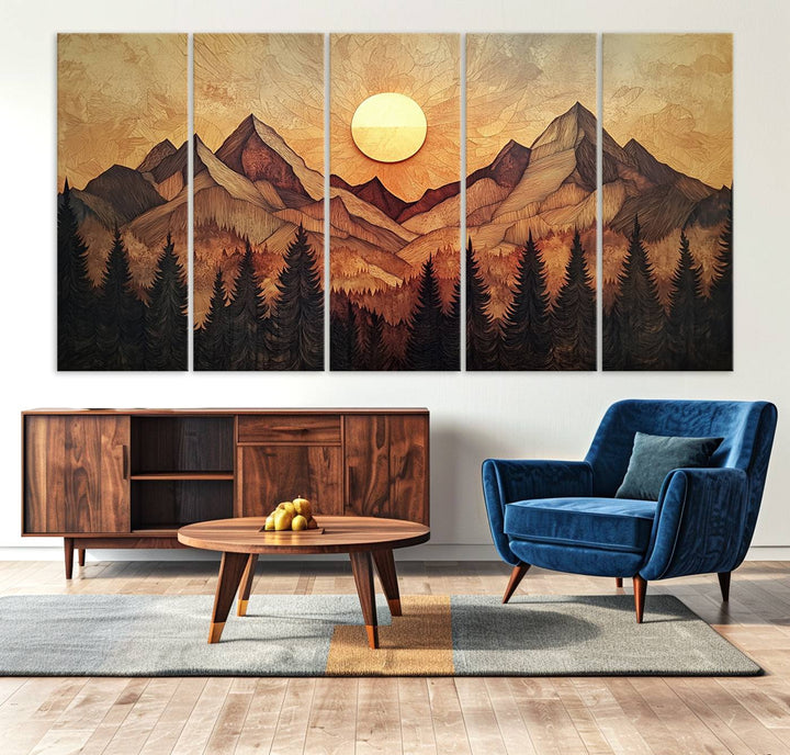 The dining area features a Wood Style Abstract Mountain Sunset canvas wall art print.