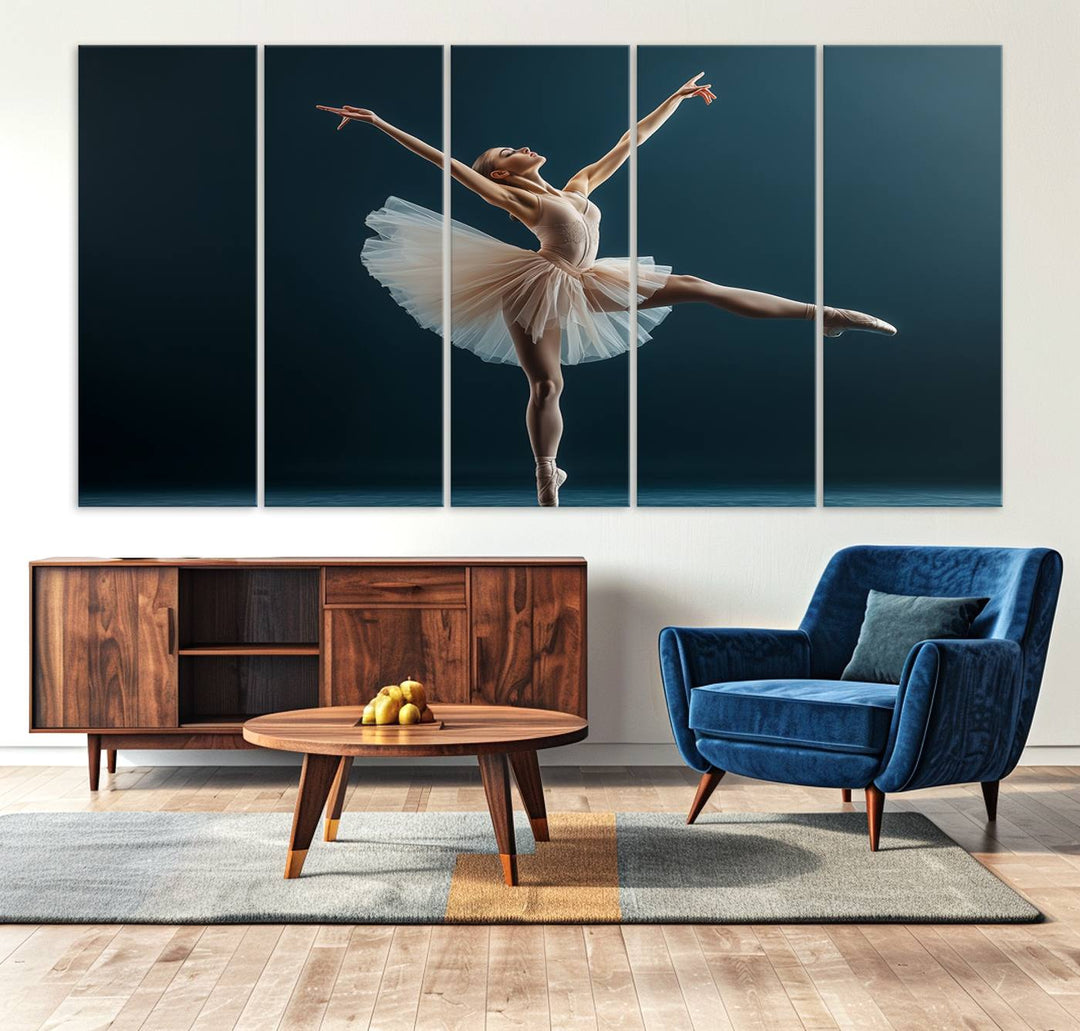 This stunning Ballerina Canvas Wall Art Print captures the elegance of a ballet dancer in motion, beautifully highlighted against a stage-like backdrop with delicate decor and natural elements. As graceful dance-inspired wall decor, it adds an element of grace and movement to any living room, office, or bedroom and is ready to hang.