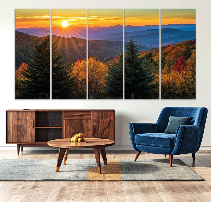 Golden Sunset Over Mountain Forest Canvas Wall Art Print - Warm Nature-Inspired Landscape for Living Room, Dining Room, or Office, Ready to Hang