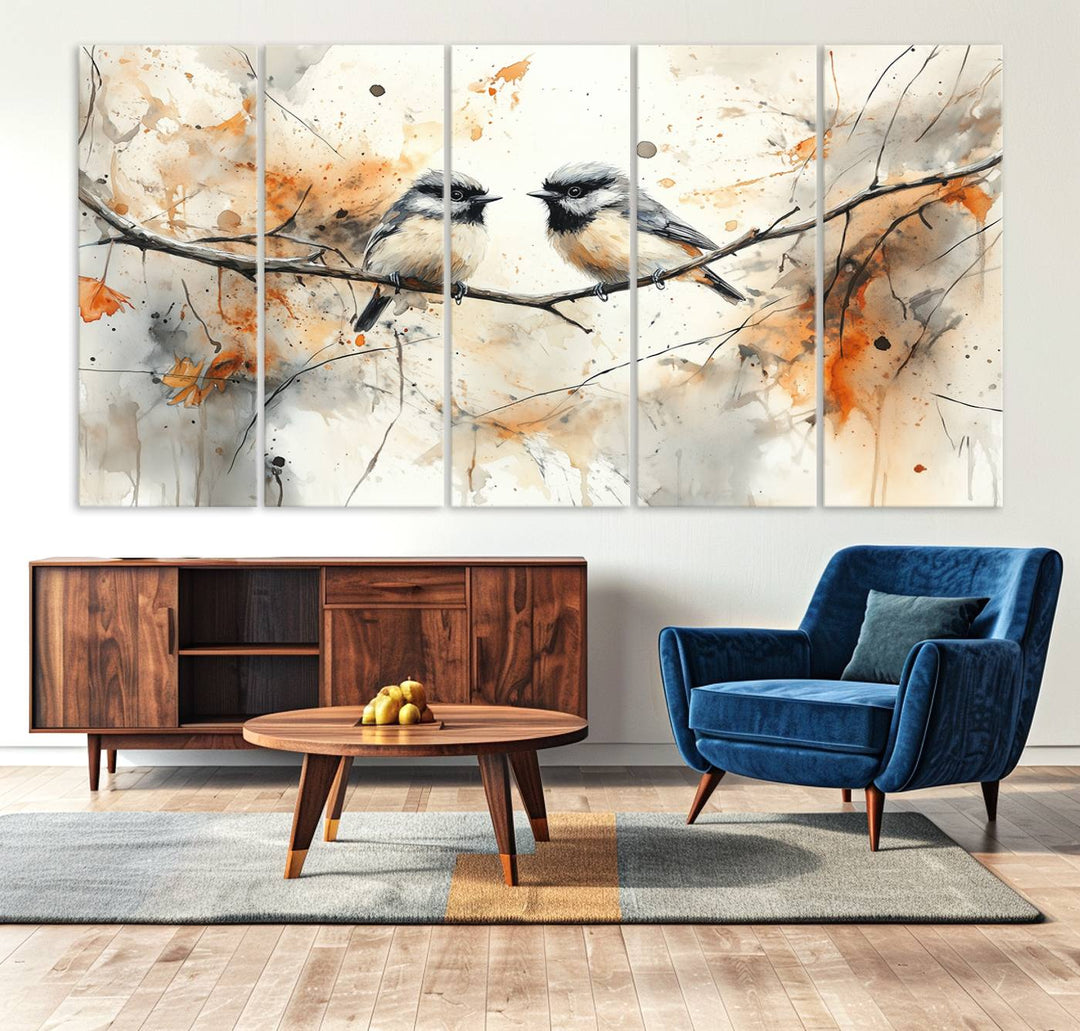 The living room features abstract watercolor chickadee bird art on the wall.