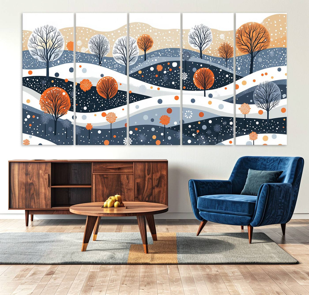 The "Abstract Winter Landscape Canvas Wall Art Print," featuring a triptych of landscapes with trees and hills in vibrant orange, white, and blue hues, adds a gallery-quality finish that transforms the space into an art lover's dream.