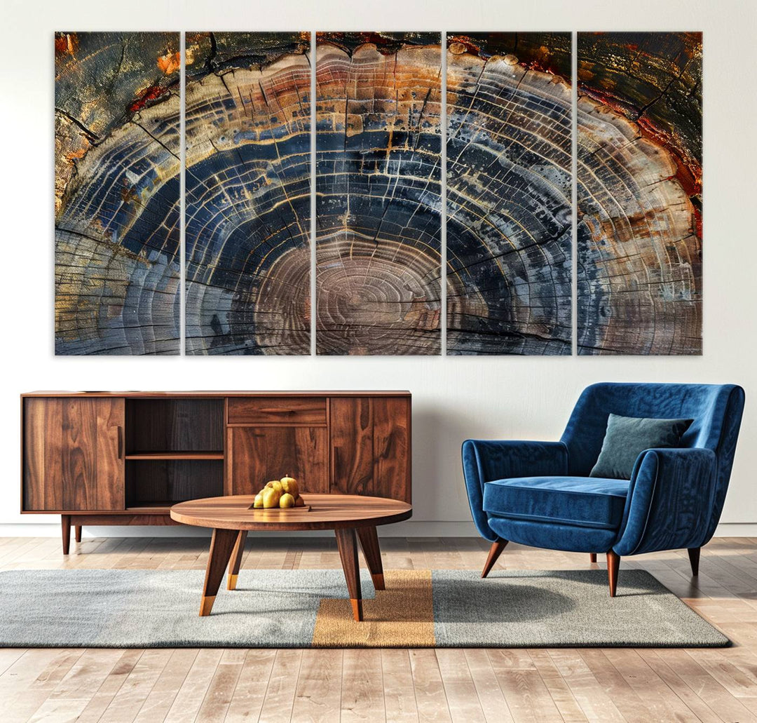 The room is enhanced with the Framed Tree Ring Wall Art - Abstract Colorful Tree Ring Wall Decor. This minimalist home canvas art adds eye-catching, vibrant elegance to the space with its blend of colorful and abstract design.