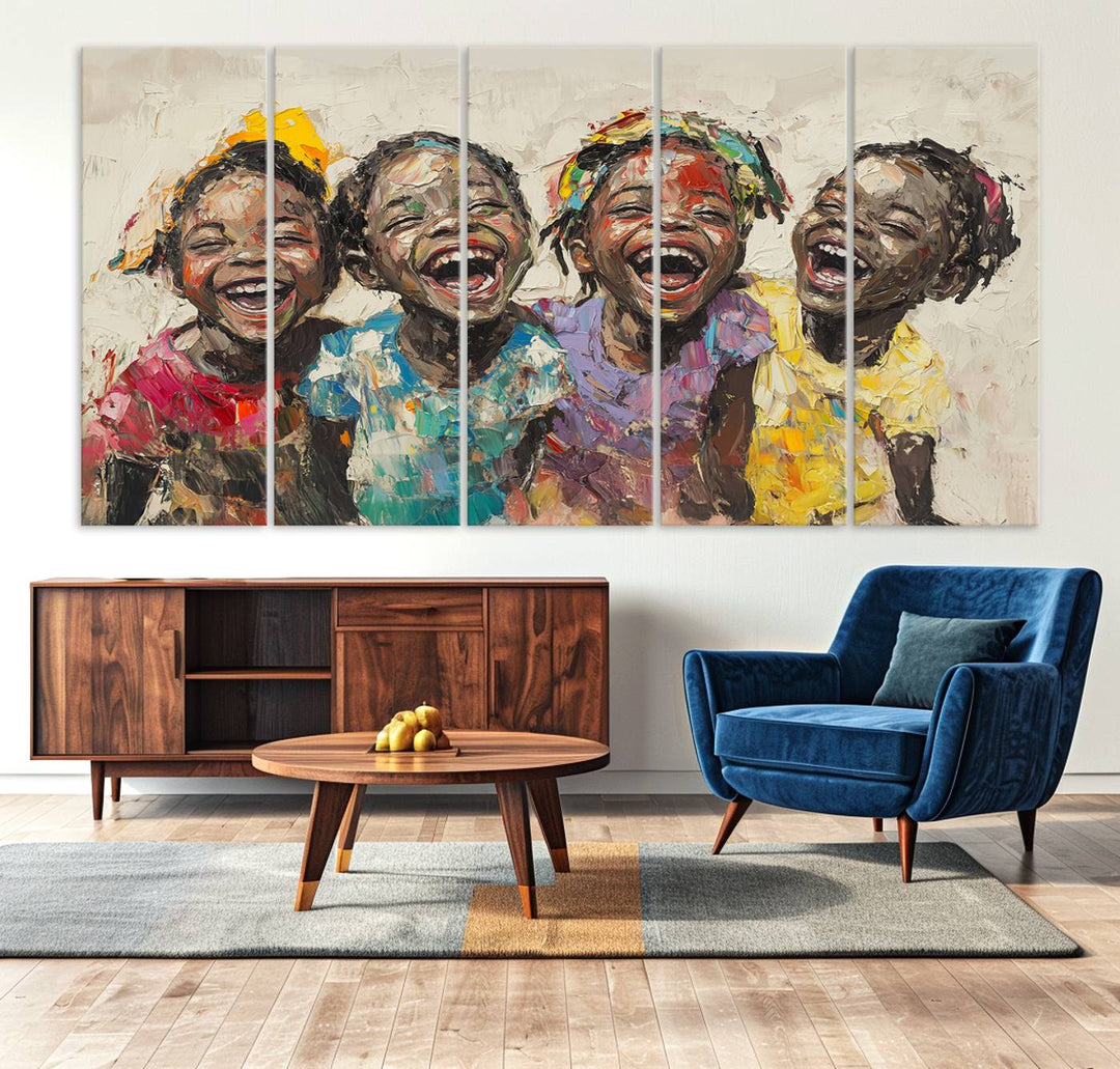 The Shai Yossef style "Joyful Childhood Canvas Wall Art" beautifully depicts an expressive impasto painting of three cheerful black children laughing, capturing the joyous essence of childhood.