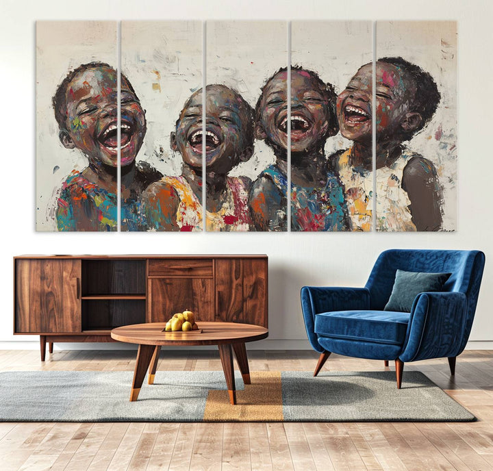 This Shai Yossef Print - Joyful Childhood Canvas Wall Art is an expressive impasto painting of laughing children. As framed abstract art for your living room, it adds a touch reminiscent of Shai Yossef's unique style to any living space.