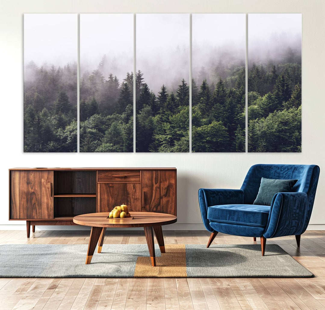 A serene triptych nature print featuring a misty forest, perfect as wall art.