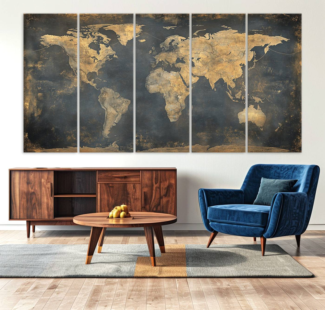 Grunge World Map Canvas Wall Art - Vintage Aged World Map with Golden Tones, Framed Artwork for Living Room, Office, or Study Decor