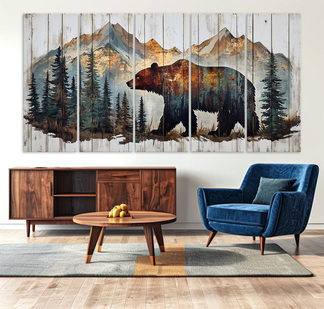 The living room features Rustic Grizzly 399 bear wall art, adding a cozy touch to the setup.