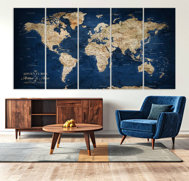 A Personalized Custom World Map Canvas Print on blue hangs prominently.