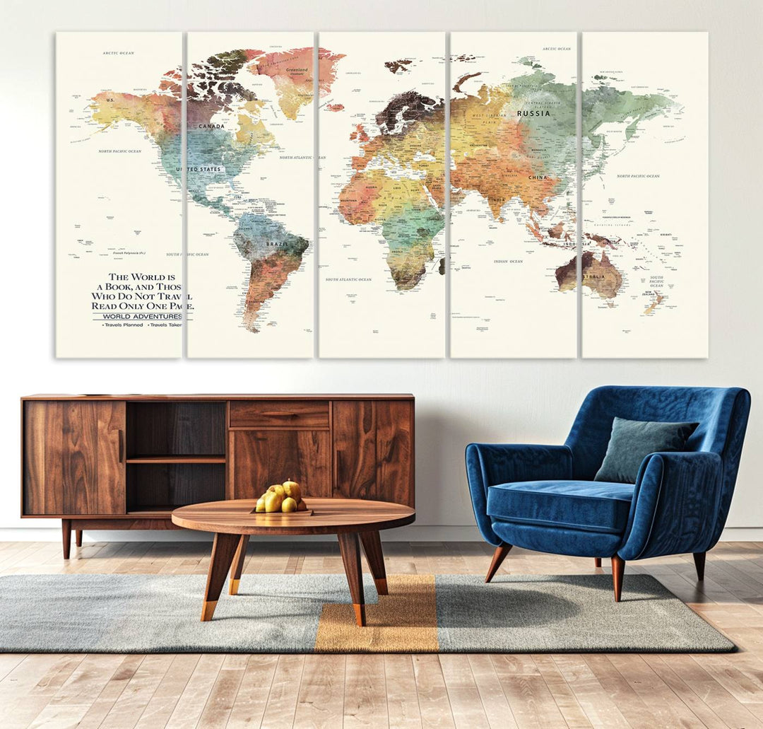 A colorful Personalized World Map Canvas Print, ideal as wall art for living room or office.