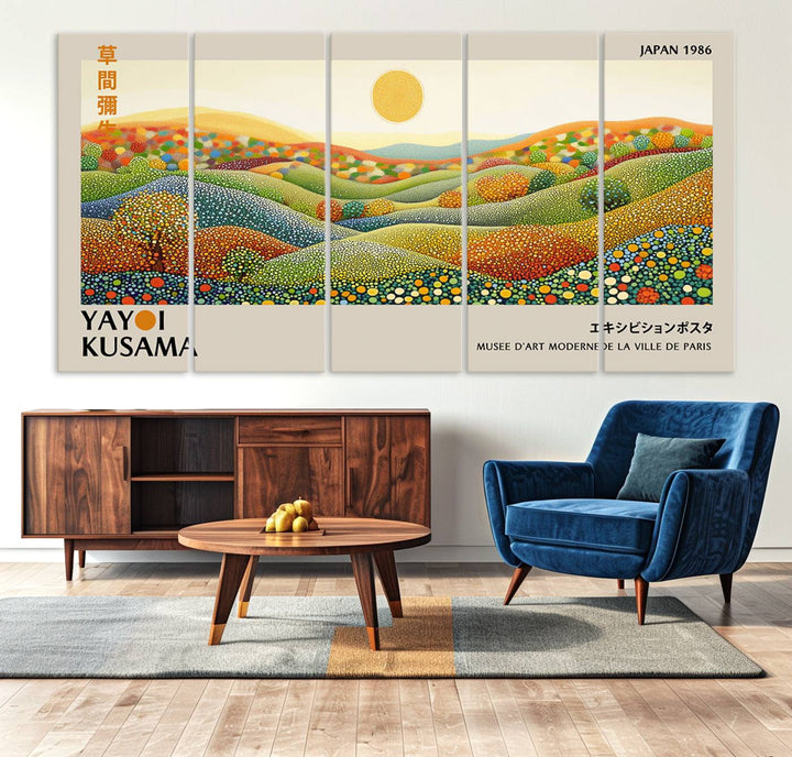 The Yayoi Kusama Wall Art Print – Wabi Sabi Japanese wall art features a vibrant abstract landscape design with dotted patterns and a bright yellow sun.