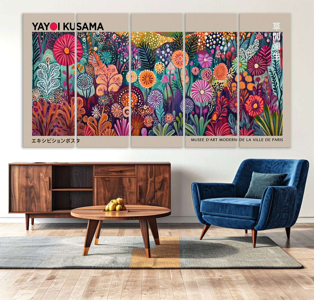 A framed "Yayoi Kusama Wall Art Canvas Print" showcases an abstract floral design, reflecting Japanese aesthetics.