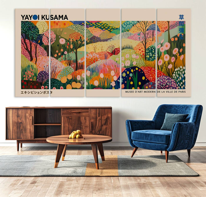 A Yayoi Kusama Wall Art Canvas Print featuring vibrant abstract floral patterns is displayed in a tranquil forest setting.