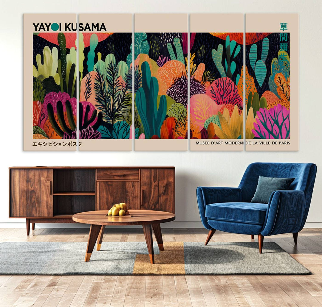 The vibrant canvas print of wall art features abstract plants, with the elegant text "Yayoi Kusama Wall Art Canvas Print" displayed on the colorful frame.