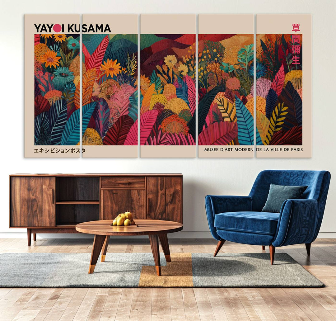 The Yayoi Kusama Inspired Wall Art Canvas Print features colorful flowers and foliage, presented with a premium canvas and gallery-quality finish.