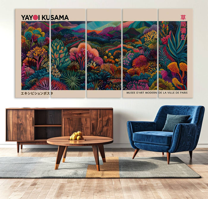 The Yayoi Kusama Wall Art Canvas Print features a vibrant and colorful landscape with abstract vegetation, perfectly capturing the essence of Japanese Wabi Sabi aesthetics.