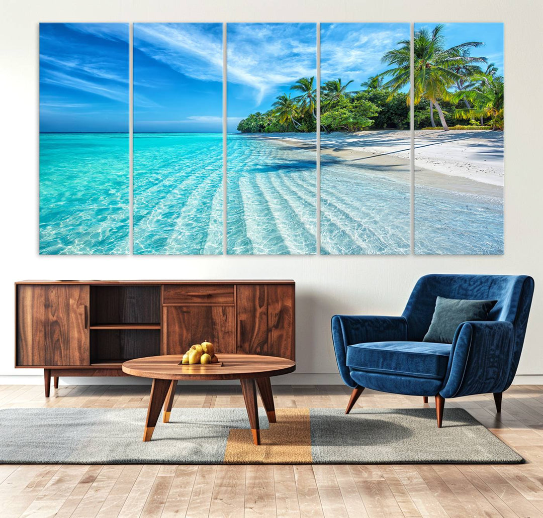 The Tropical Beach Wall Art Canvas Print features turquoise water and palm trees.