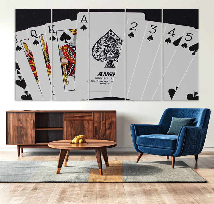 The oversized Poker Wall Art features the Ace of Spades and is displayed on a porch.