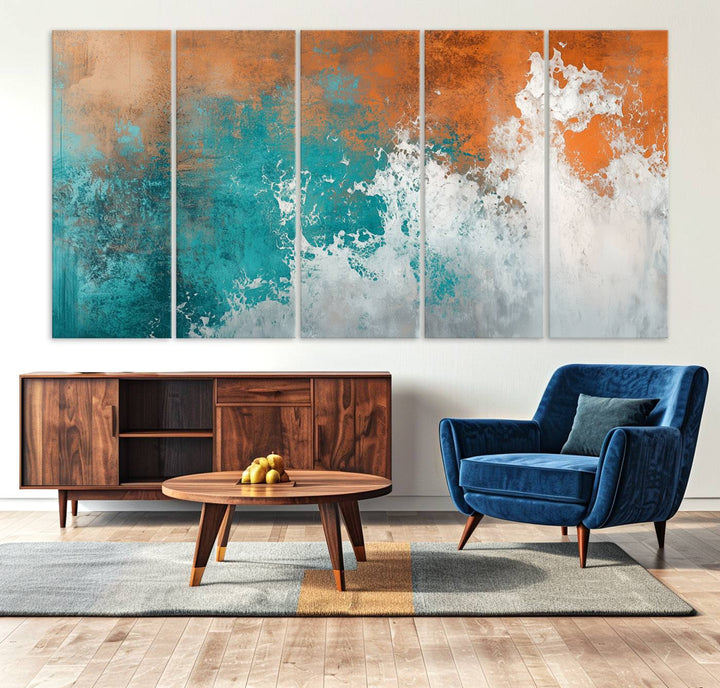 Vintage Abstract Print - Bold Teal and Orange Canvas Wall Art - Retro-Vintage Abstract Orange Canvas for Modern Decor
