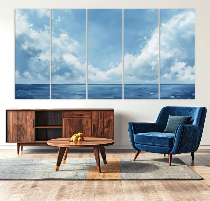 Abstract Ocean Print - Serene Blue Canvas displayed on a porch featuring minimalist decor.