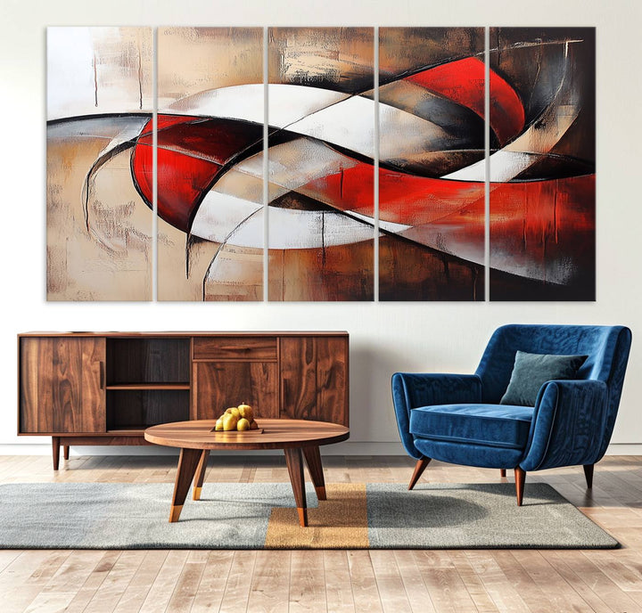 In a contemporary living room, the sunlight casts artistic shadows and highlights an abstract triptych wall art featuring bold red and white geometric shapes.