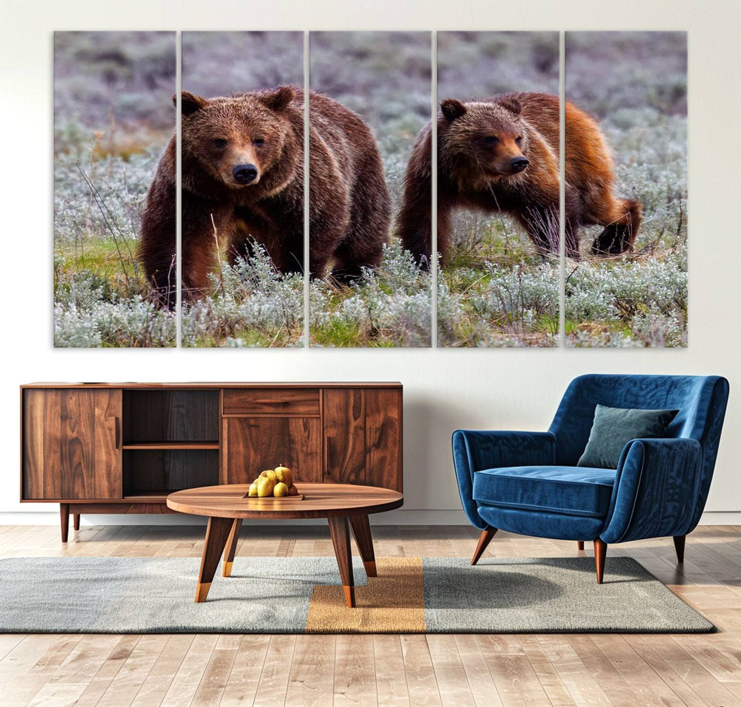 The "Grizzly 399 in Wild Flowers" wall art canvas print, showcasing grizzly bears amidst vibrant wildflowers, elegantly captures the enchanting essence of nature. This handmade piece from the USA brings striking beauty to any space.