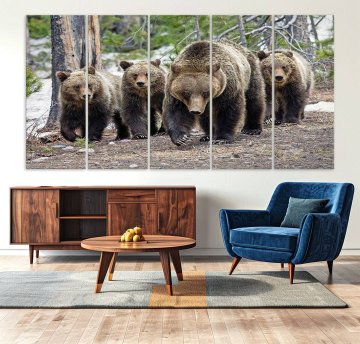 The Grizzly 399 and Cubs in Wild Flowers Wall Art Canvas Print, depicting grizzly bears amidst wildflowers, is elegantly displayed.