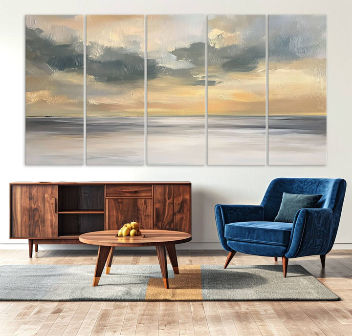 The Modern Coastal Wall Art Canvas Print features vibrant abstract ocean waves and clouds.