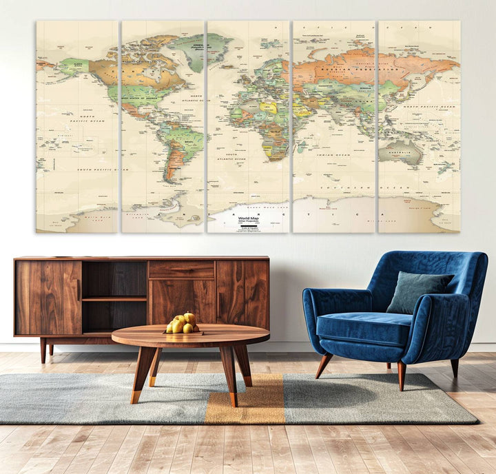 The Large Push Pin World Map Wall Art Canvas Print, with a gallery-quality finish, is carefully crafted on premium canvas and handmade in the USA. This piece adds a touch of elegance to any space.