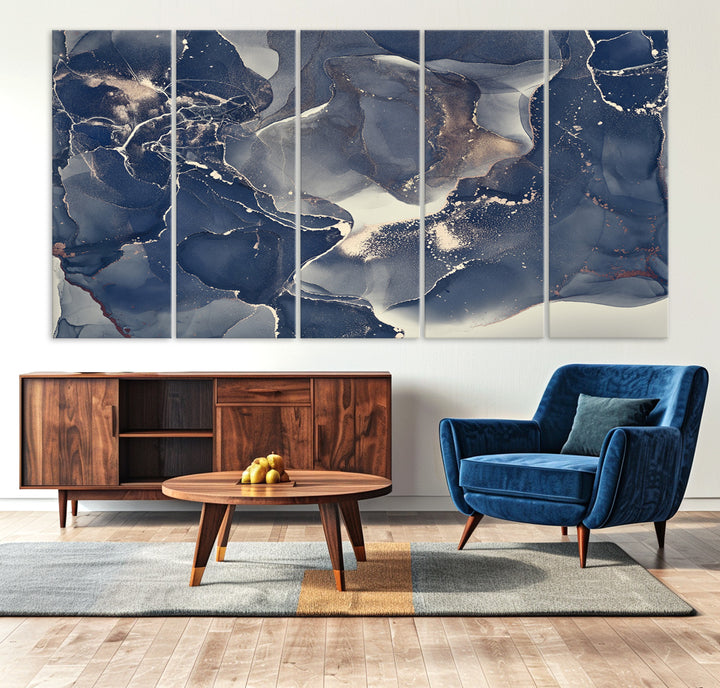 Large Abstract Blue and Gold Canvas Wall Art | Fluid Ink Artwork Print | Luxury Wall Decor for Contemporary Interiors | Framed Ready to Hang