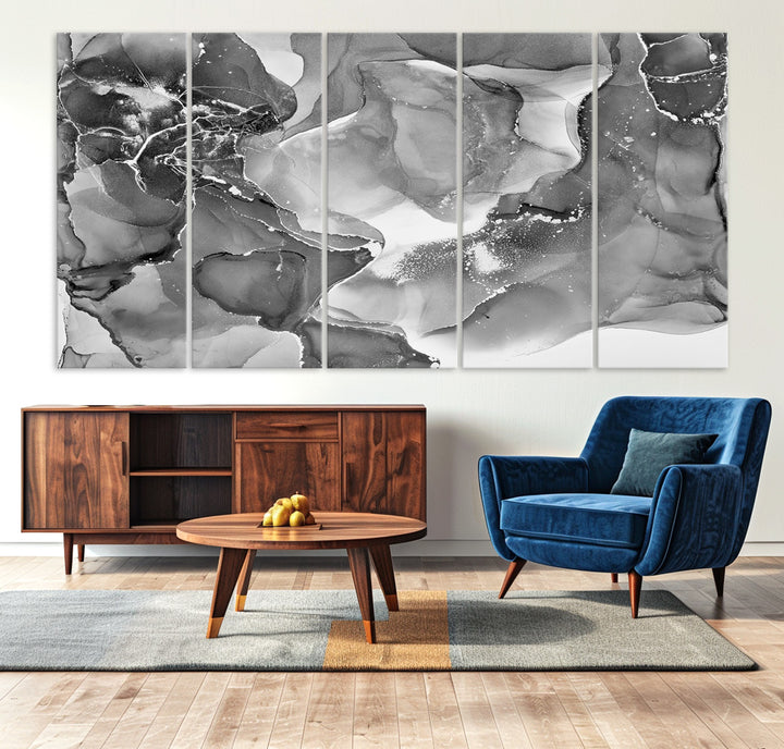 Black White Abstract Canvas Wall Art - Fluid Ink Artwork - Modern Luxury Wall Decor for Contemporary Interiors