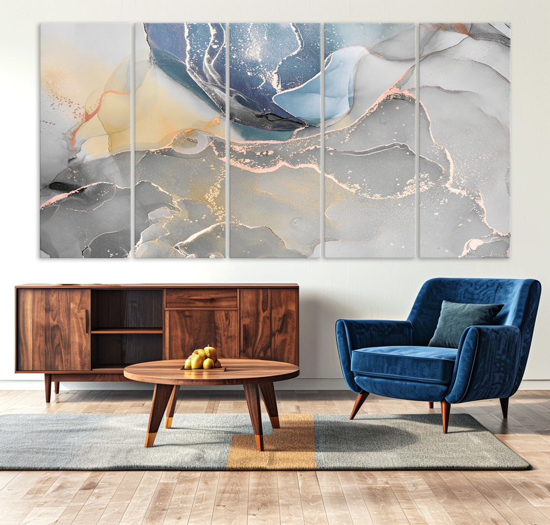 Large Abstract Blue and Gold Canvas Wall Art | Fluid Ink Artwork Print | Luxury Wall Decor for Contemporary Interiors | Framed Blue and Gold