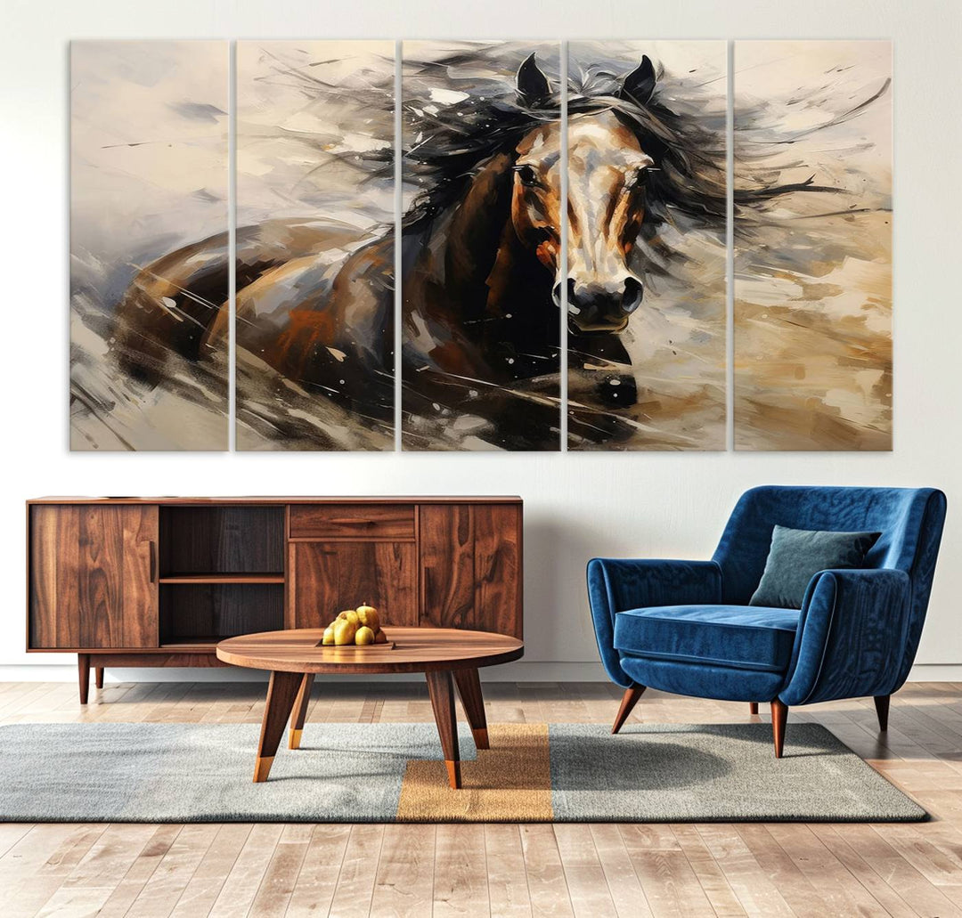 The Abstract Wall Art Horse Print adds rustic charm.