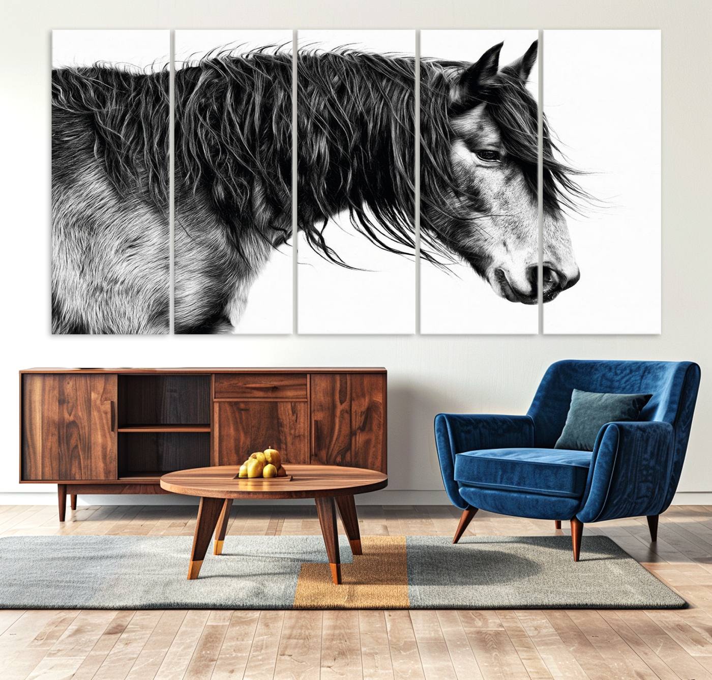 A stunning black-and-white portrait of a horse with a flowing mane, captured in dramatic detail and emotion.