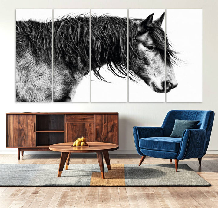 Black Horse Wall Art Canvas Print for farmhouse decor on the kitchen wall.