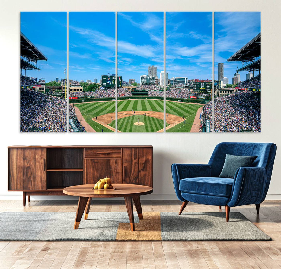 The Wrigley Field Chicago Cubs canvas art, depicting the iconic stadium, is perfect for sports lovers.