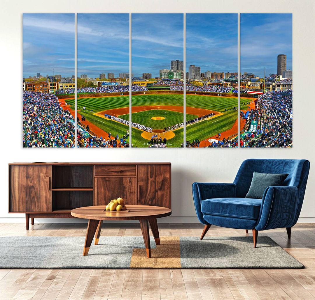 The Wrigley Field Cubs Panoramic Canvas Art hangs prominently in the modern living room.