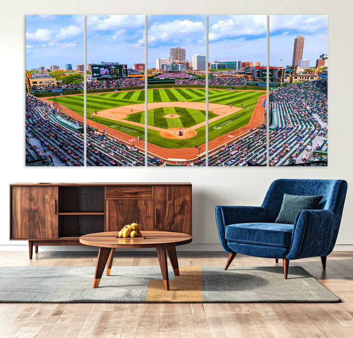 A 3-piece panoramic canvas wall art showcases an aerial view of a packed Chicago Cubs game at Wrigley Field, perfect for sports lovers.