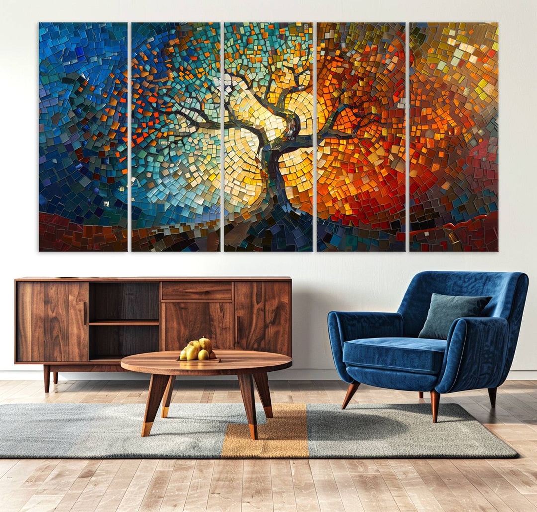 Mosaic Tree Canvas Wall Art: A stunning stained glass-inspired Tree of Life featuring blue and orange swirling patterns reminiscent of a sunburst.