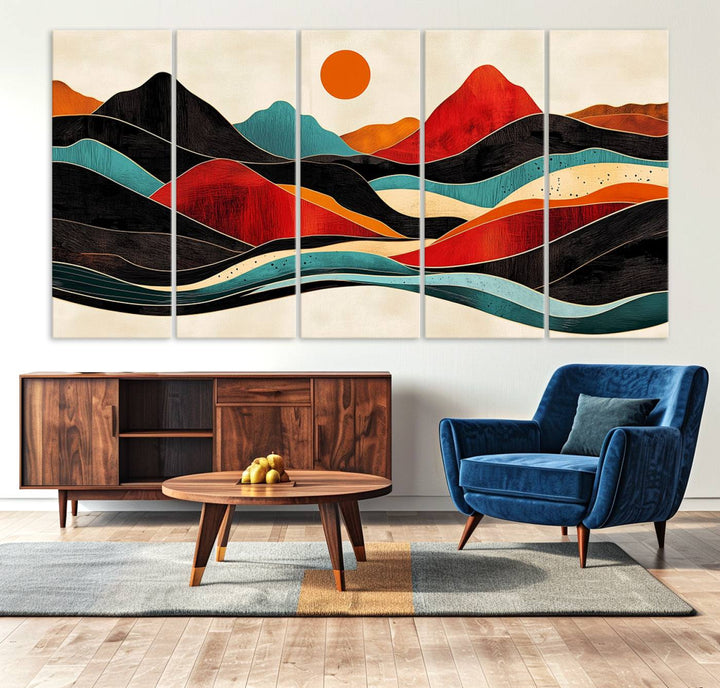 The Colorful Western Triptych Canvas features a vibrant mountain and sun design, making it perfect for modern kitchens or log cabin walls.