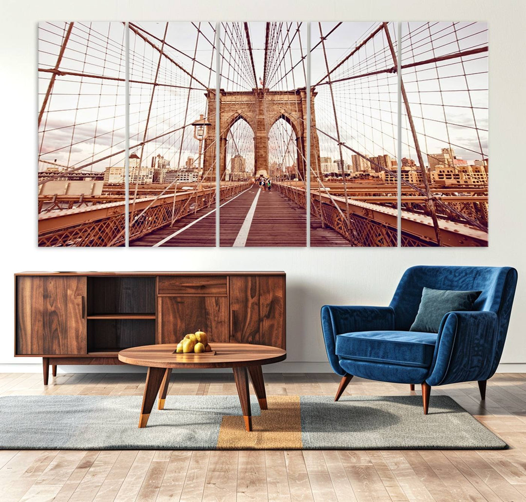 The three-panel "Wall Art New York Manhattan Cityscape Canvas Print" of the Brooklyn Bridge makes an ideal addition to minimalist interiors, capturing the essence of abstract expressionism.