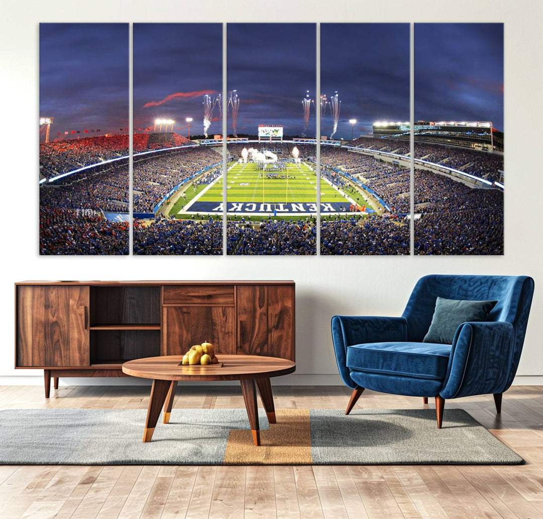 A filled stadium at dusk and fireworks overhead are beautifully captured in the Kroger Field Canvas Wall Art - Sunset Football Stadium Decor.