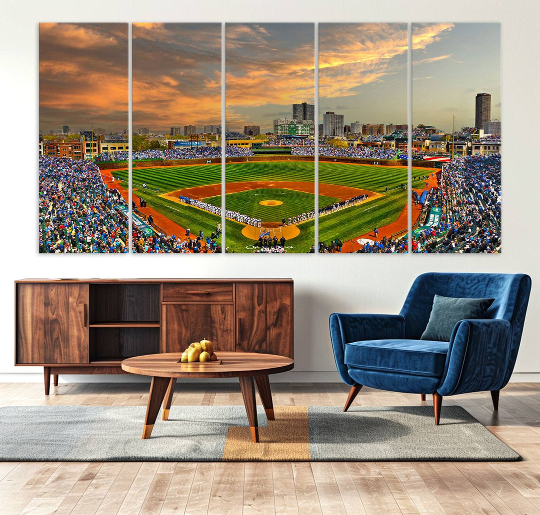 Aerial view of Wrigley Field at sunset against a vibrant sky, creating the perfect Chicago Wrigley Field Canvas Wall Art.