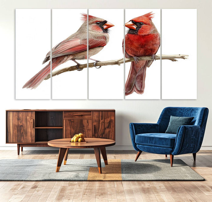 The Cardinal Bird Canvas Wall Art showcases two cardinals on a branch.