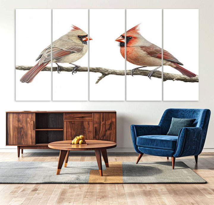 A Cardinal Canvas Wall Art print of cardinals on a branch hangs prominently.