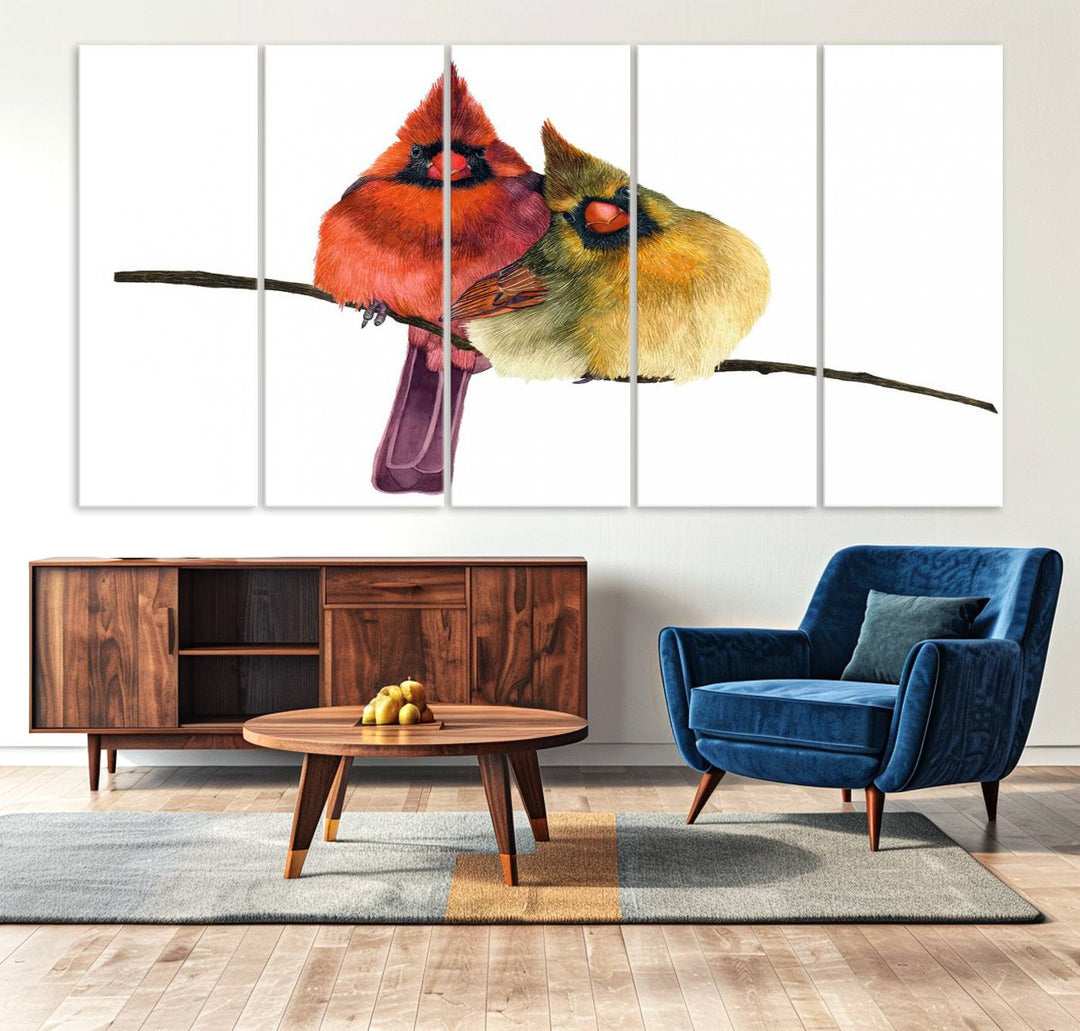 The Cardinal Bird Canvas Wall Art showcases vibrant male and female cardinals, capturing the beauty of nature in vivid detail.